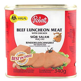 A 340g can of Robert - Beef Luncheon Meat (Halal), featuring sliced meat imagery and multilingual text on a red and white background.